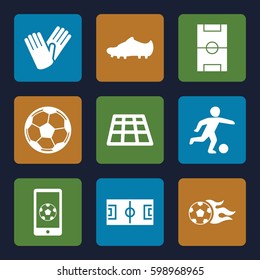 soccer icons set. Set of 9 soccer filled icons such as gloves, football pitch, football ball, soccer trainers, football 