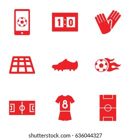Soccer icons set. set of 9 soccer filled icons such as gloves, football pitch, football ball, sport score, soccer trainers