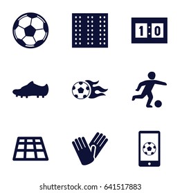 Soccer icons set. set of 9 soccer filled icons such as field, gloves, football ball, football on phone, sport score, soccer trainers, football player, fotball