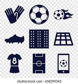 Soccer icons set. set of 9 soccer filled icons such as field, gloves, football pitch, football ball, soccer trainers, fotball