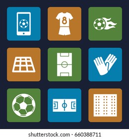 Soccer icons set. set of 9 soccer filled icons such as field, gloves, football pitch, football ball, fotball
