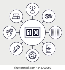 Soccer icons set. set of 9 soccer outline icons such as field, gloves, football pitch, football ball, sport score, football uniform, soccer trainers, fotball