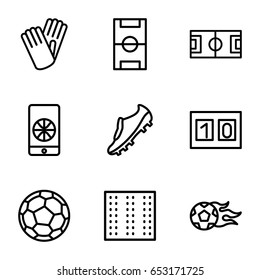 Soccer icons set. set of 9 soccer outline icons such as field, gloves, football pitch, football ball, football on phone, sport score, soccer trainers
