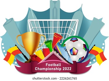 Soccer icons set soccer ball. Cartoon illustration of football icon on the background of buildings in Qatar city