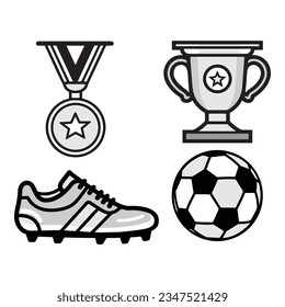 Iconos de fútbol establecidos. Balón de fútbol, medalla, bota, copa ganadora, pelota. Ilustración del vector
