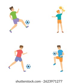 Ícones de futebol definem o vetor de desenhos animados. Jogador de futebol chuta bola com pé. Esporte, estilo de vida saudável