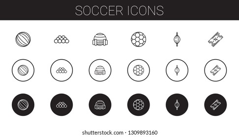 soccer icons set. Collection of soccer with ball, sport, football, punching ball, ticket. Editable and scalable soccer icons.
