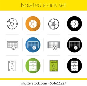 Soccer icons set. Flat design, linear, black and color styles. Football field, goal and ball. Isolated vector illustrations