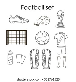 Soccer icons set. Football isolated design elements in flat style on white background. Boots, ball, uniform, whistle, gates.