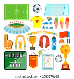 Soccer Icons Set Vector. Soccer Accessories. Ball, Uniform, Cup, Boots, Scoreboard, Field. Isolated Flat Cartoon Illustration