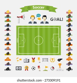 Soccer Icons set.Flat design Football with women's and men's team, commentators,soccer ball,cup,scoreboard,football goals,football field,laurel wreath,whistle,television,flag,badge,hand,football horn
