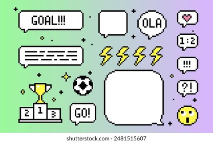 Soccer icons speech bubbles. Pixel art elements set. Football text messages. Y2k trendy playful pixels stickers. Mood of 90's aesthetics. 8-bit retro style vector illustration. Simple geometric form