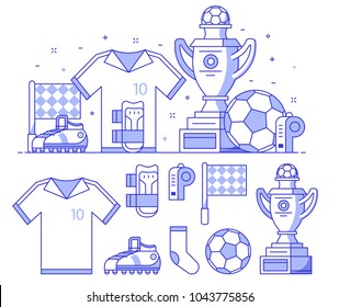 Soccer icons with training equipment and playing elements. Football championship concept with winner trophy cup, soccer ball, flag and other game essentials in line art. 