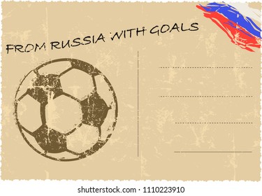 Soccer illustration: Grunge Postcard with caption "From Russia with Goals" vector.