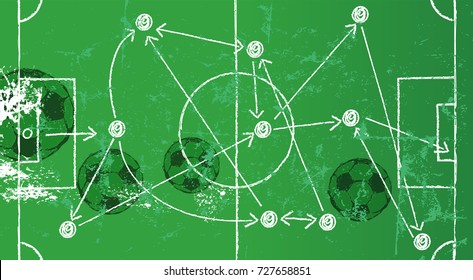 Soccer illustration w. tactics drawing, soccer balls, grungy style, vector