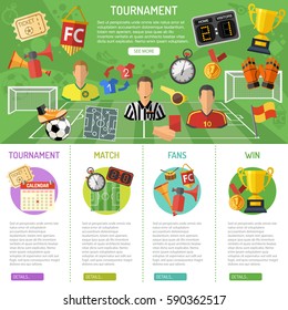 Soccer infographics with flat icons tournament, player, referee and goal. vector illustration