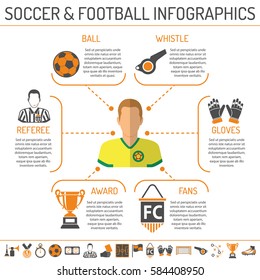 soccer infographics with two color Icons Set like football player, ball, award and referee. Isolated vector illustration