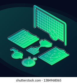 Soccer isometric color vector illustration. Football equipment linear icons infographic. Play sports 3d concept. Championship, tournament, competition. Team play web design on dark green background