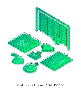 Soccer isometric color vector illustration. Football equipment linear icons infographic. Play sports 3d concept. Championship, tournament. Gradient isolated design elements on white background
