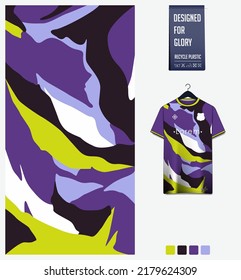 Soccer jersey design. Fluid stains pattern on violet background for soccer kit, football kit, bicycle, basketball, t shirt mockup template. Fabric pattern. Abstract background. Vector Illustration.