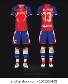 Soccer jersey fabic. Blue and Red layout football sport t-shirt design. Template front, back view. Soccer kit national team shirt mock up.