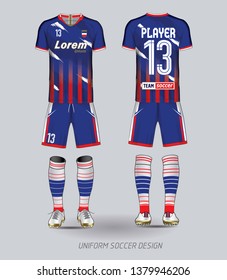 Soccer jersey fabic. Blue and Red layout football sport t-shirt design. Template front, back view. Soccer kit national team shirt mock up.
