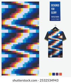 Fußball Jersey Stoff Textilmuster Design für Fußball-Kit, Sport T-Shirt Mockup für Fußball-Club. Einheitliche Frontansicht. Geometrisches Muster für Sporthintergrund. Pixelmuster. Vektorgrafik