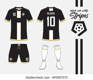 Soccer jersey or football kit collection in black and white stripes concept. Football shirt mock up. Front and back view soccer uniform. Football logo in flat design. Vector Illustration.