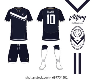 Soccer jersey or football kit collection in Victory concept. Football shirt mock up. Front and back view soccer uniform. Football logo in flat design. Vector Illustration.