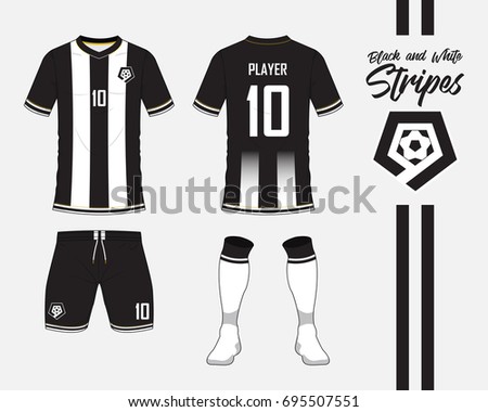 Soccer jersey or football kit collection in black and white stripes concept. Football shirt mock up. Front and back view soccer uniform. Football logo in flat design. Vector Illustration.