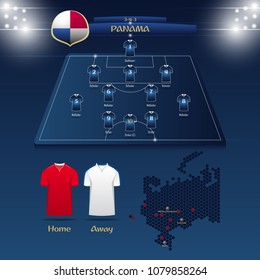 Soccer Jersey Or Football Kit With Match Formation Tactic Infographic. Football Player Position On Football Pitch And Stadium Map. Vector Illustration.