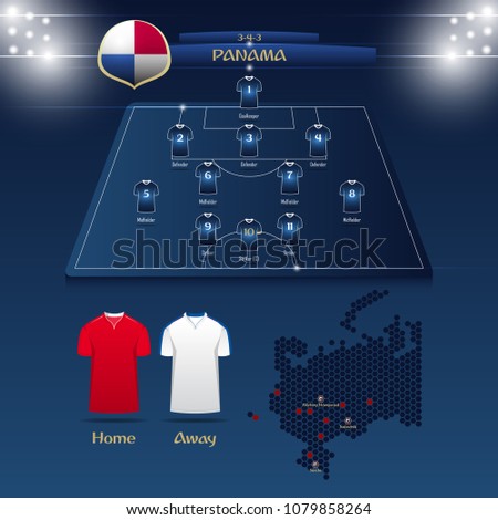 soccer jersey or football kit with match formation tactic infographic. Football player position on football pitch and stadium map. Vector Illustration.