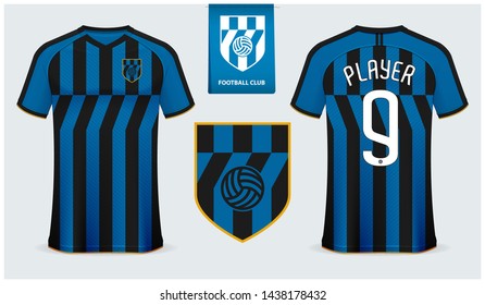 Soccer jersey or football kit mockup template design for sport club. Football t-shirt sport mock up. Black, Blue stripe soccer uniform in front view, back view. Football logo design. Vector Illustion.