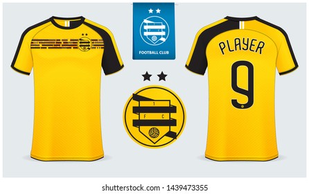 Soccer jersey, football kit mockup template design for sport shirt. Football t-shirt mock up. Yellow and black soccer uniform in front view, back view. Flat football logo design. Vector Illustration