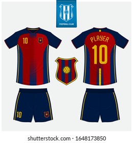 Soccer jersey or football kit mockup template design for sport club. Football t-shirt sport, shorts mock up. Soccer uniform in front view, back view . Football logo in flat design. Vector Illustration