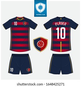 Soccer jersey or football kit mockup template design for sport club. Football t-shirt sport, shorts mock up. Soccer uniform in front view, back view . Football logo in flat design. Vector Illustration