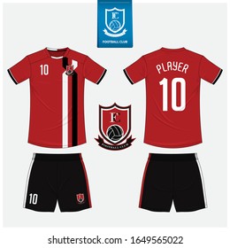 Soccer jersey or football kit mockup template design for sport club. Football t-shirt sport, shorts mock up. Soccer uniform in front view, back view . Football logo in flat design. Vector Illustration