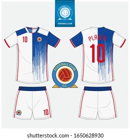 Soccer jersey or football kit mockup template design for sport club. Football t-shirt sport, shorts mock up. Soccer uniform in front view, back view . Football logo in flat design. Vector Illustration