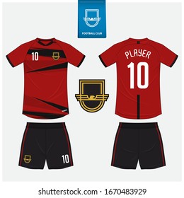 Soccer jersey or football kit mockup template design for sport club. Football t-shirt sport, shorts mock up. Soccer uniform in front view, back view . Football logo in flat design. Vector Illustration