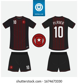 Soccer jersey or football kit mockup template design for sport club. Football t-shirt sport, shorts mock up. Soccer uniform in front view, back view . Football logo in flat design. Vector Illustration