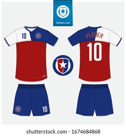 Soccer jersey or football kit mockup template design for sport club. Football t-shirt sport, shorts mock up. Soccer uniform in front view, back view . Football logo in flat design. Vector Illustration