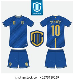 Soccer jersey or football kit mockup template design for sport club. Football t-shirt sport, shorts mock up. Soccer uniform in front view, back view . Football logo in flat design. Vector Illustration