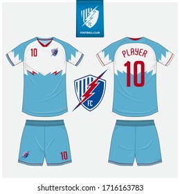 Soccer jersey or football kit mockup template design for sport club. Football t-shirt sport, shorts mock up. Soccer uniform in front view, back view . Football logo in flat design. Vector Illustration