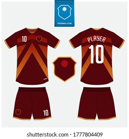 Soccer jersey or football kit mockup template design for sport club. Football t-shirt sport, shorts mock up. Soccer uniform in front view, back view. Soccer logo in flat design. Vector Illustration.