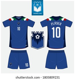 Soccer jersey or football kit mockup template design for sport club. Football t-shirt sport, shorts mock up. Soccer uniform in front view, back view. Soccer logo in flat design. Vector Illustration.