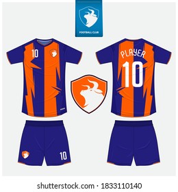Soccer jersey or football kit mockup template design for sport club. Football t-shirt sport, shorts mockup. Soccer uniform in front view, back view. Bull logo in flat design. Vector Illustration.