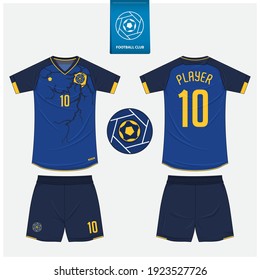 Soccer jersey or football kit mockup template design for sport club. Football t-shirt sport, shorts mock up. Soccer uniform in front view, back view. Soccer logo in flat design. Vector Illustration.