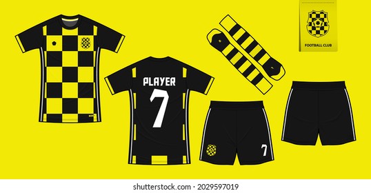 Soccer jersey or football kit mockup template design for sport club. Football t-shirt sport, shorts, sock mock up. Soccer uniform in front view, back view. Soccer logo in flat design. Vector.