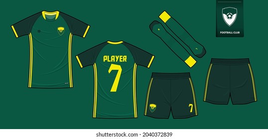 Soccer Jersey Or Football Kit Mockup Template Design For Sport Club. Football T-shirt Sport, Shorts, Sock Mock Up. Soccer Uniform In Front View, Back View. Soccer Logo In Flat Design. Vector.