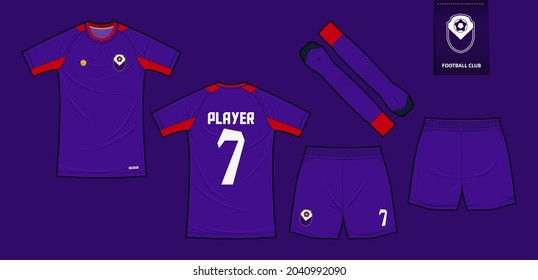 Jersey de fútbol o diseño de plantilla de maquillaje para equipo de fútbol para club deportivo. Camisetas de fútbol, pantalones cortos, calcetín. Uniforme de fútbol en primera vista, retrovista. Logo de fútbol de diseño plano. Vector.